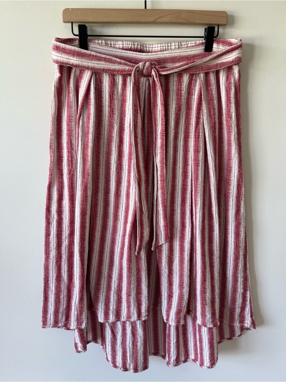 Max Studio Red and White Striped Midi Skirt with Tie Waist Hi Lo Hem 100% Cotton
